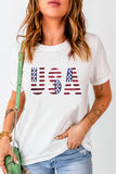 White USA Flag Sequin Patched Round Neck T Shirt Aaria Tees