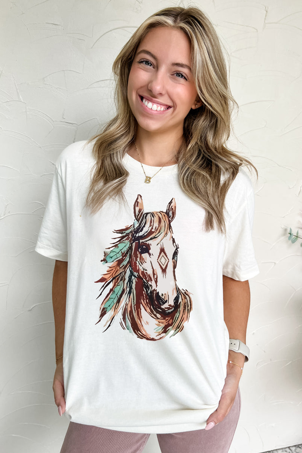 White Western Aztec Horse Graphic Crewneck Tee - Aaria Tees Aaria Tees