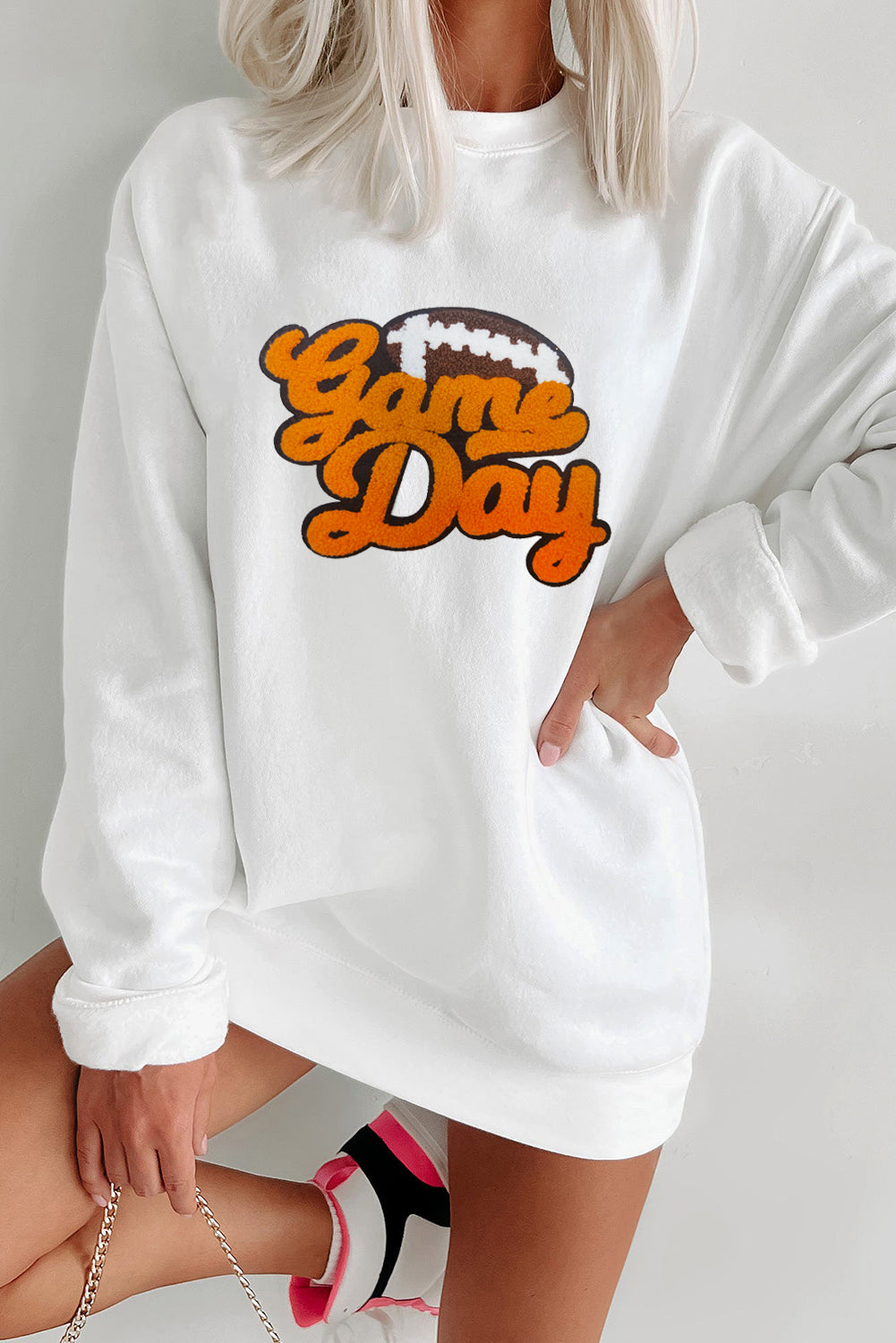 White Chenille Game Day Rugby Football Pattern Pullover Sweatshirt - Aaria Tees Aaria Tees
