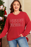 Fiery Red Twist Ribbed MERRY Letter Graphic Plus Size Pullover Aaria Tees