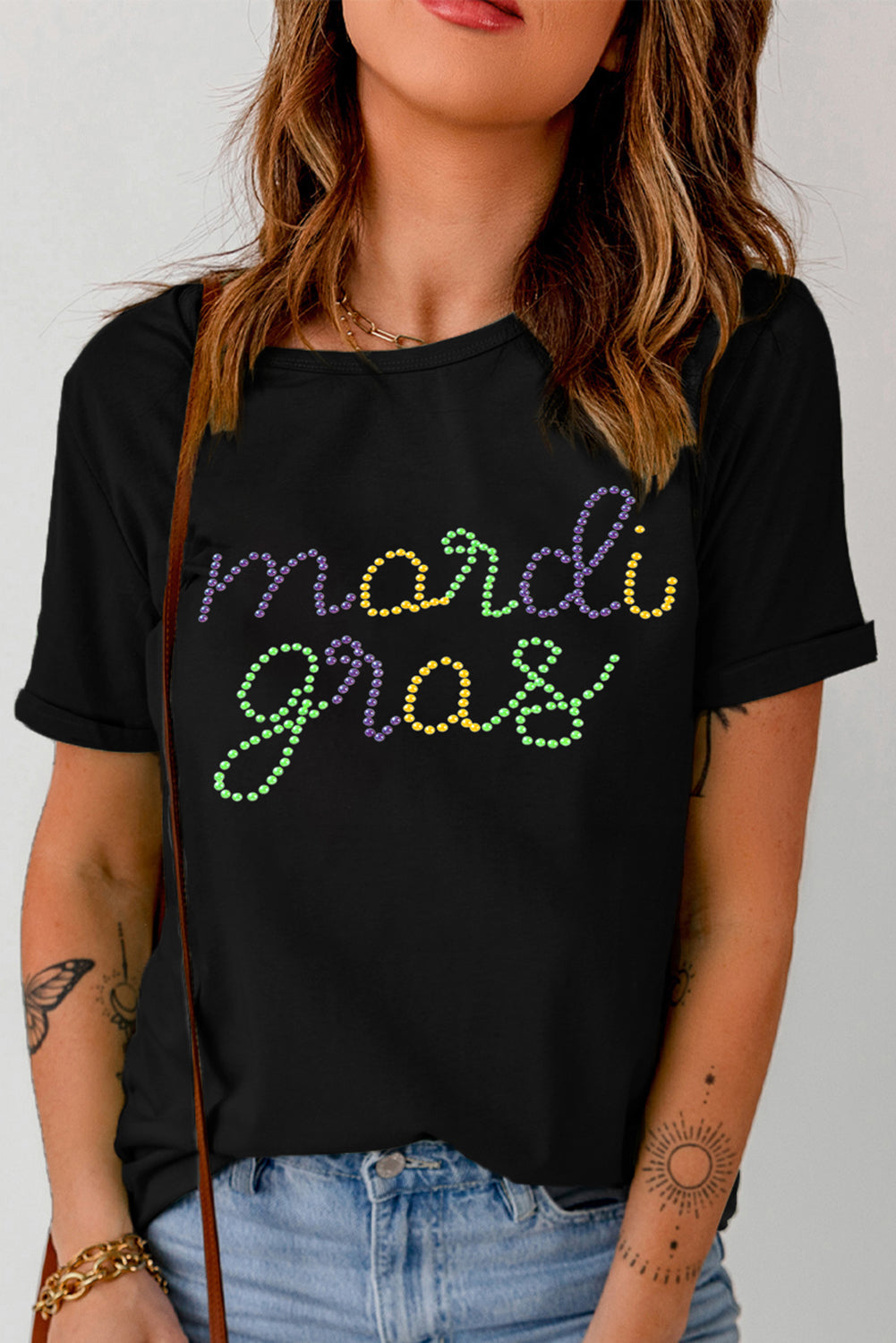 Black Rhinestone Mardi Gras Letter Graphic T Shirt - Aaria Tees Aaria Tees