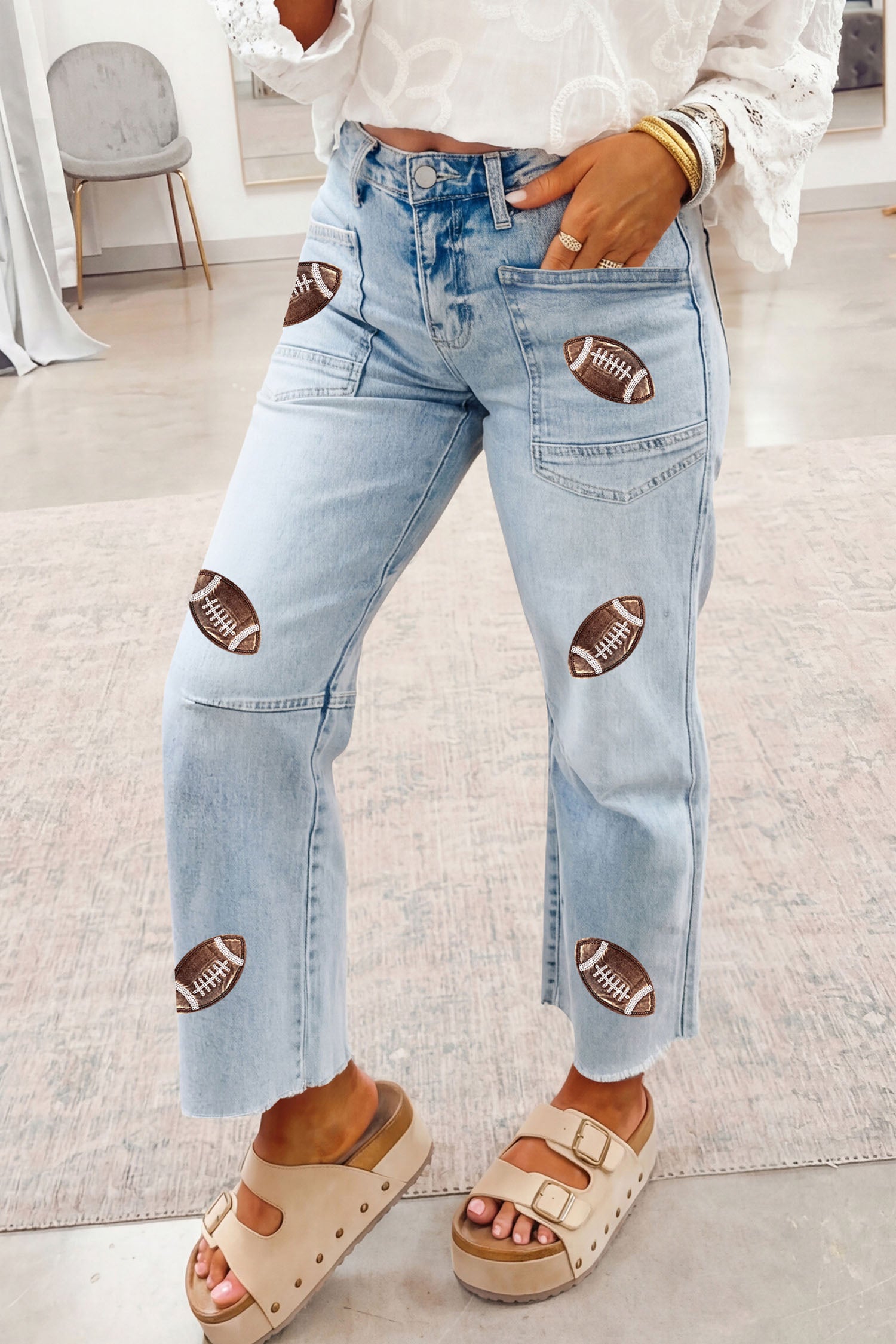 Beau Blue Sequin Detail Patched Rugby Pattern Raw Hem Shift Jeans - Aaria Tees Aaria Tees