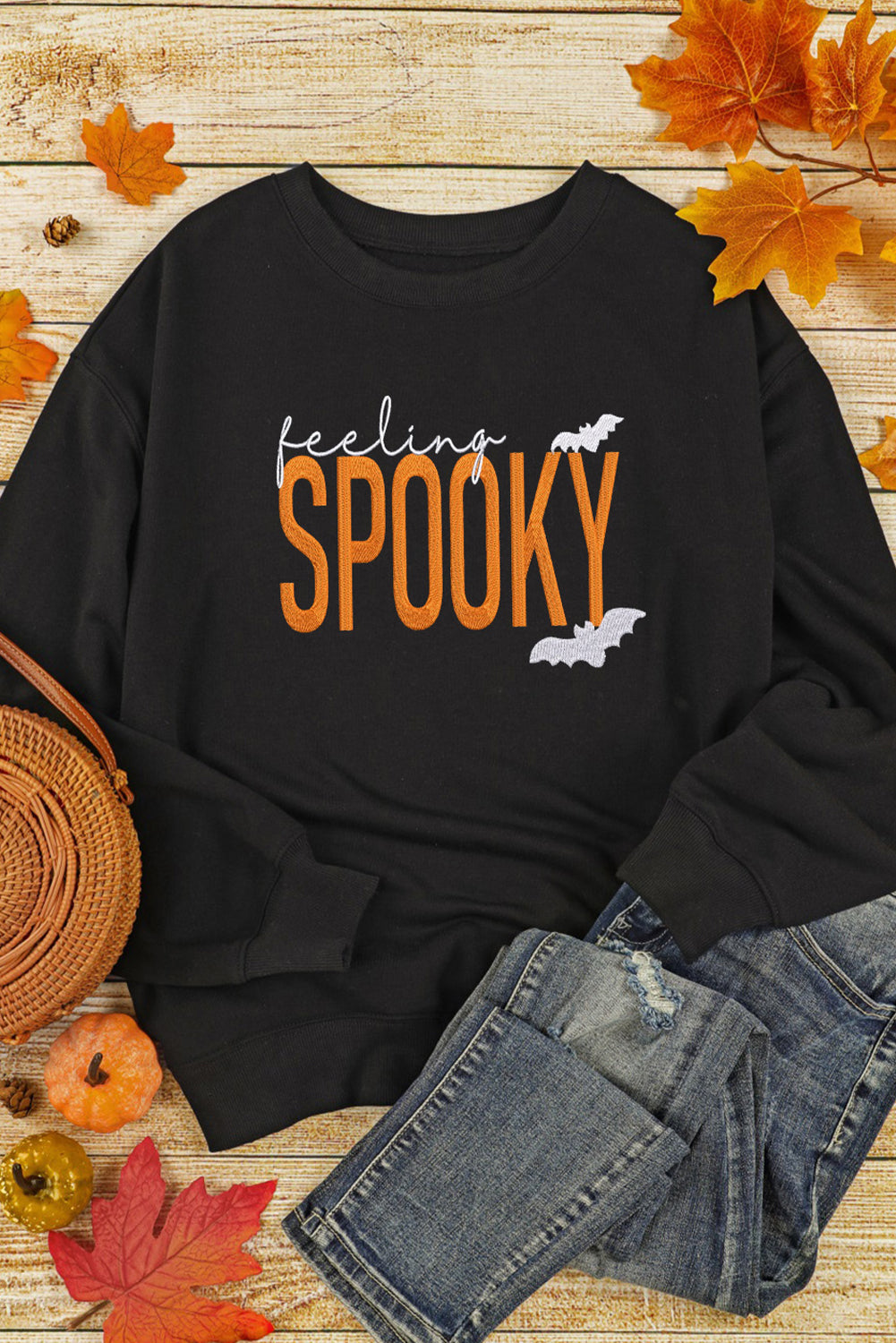Black Feeling Spooky Halloween Embroidered Graphic Baggy Sweatshirt - Aaria Tees Aaria Tees