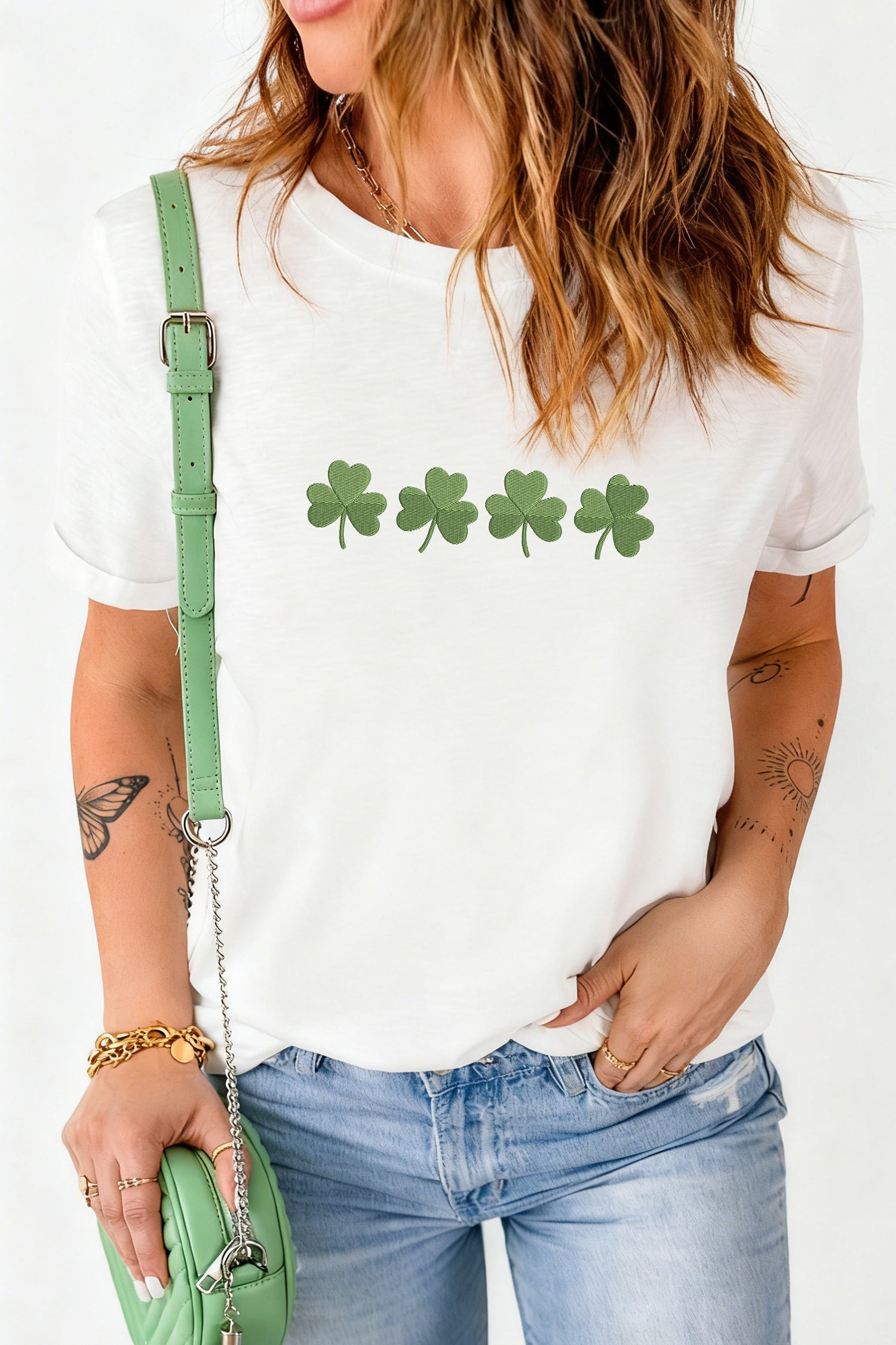 White Embroidered Clover St Patricks Fashion Graphic Tee - Aaria Tees Aaria Tees
