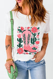 White Western Boots Flower Print Round Neck T Shirt Aaria Tees