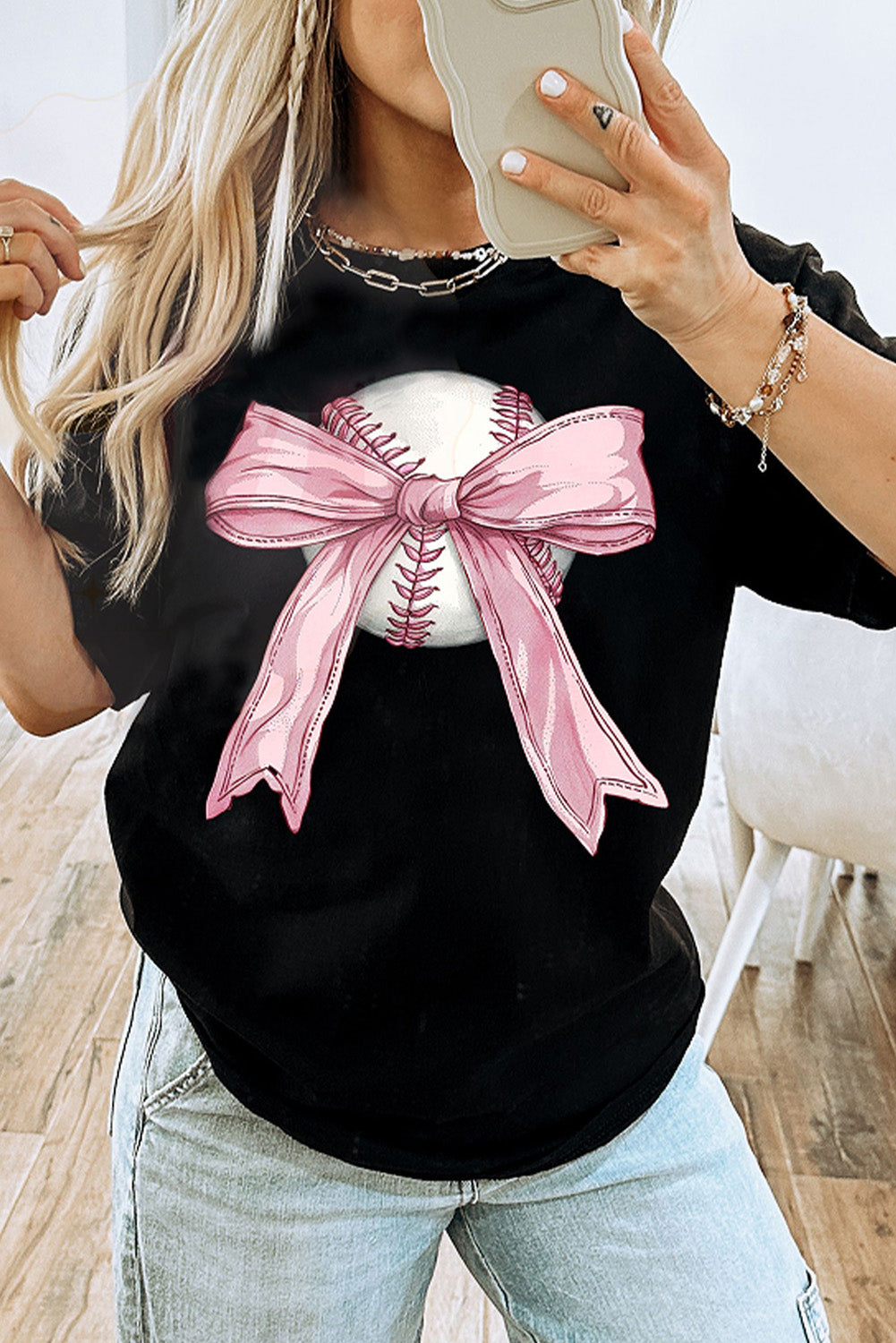 Black Baseball Bow Knot Print Round Neck T Shirt - Aaria Tees