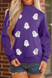 Tillandsia Purple Halloween Sequined Ghost Print Mock Neck Graphic Sweatshirt Aaria Tees