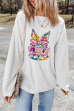White Floral Rabbit with Glasses Graphic Corded Easter Sweatshirt Aaria Tees