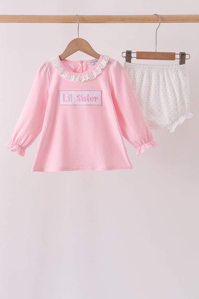Pink Lil sister embroidery ruffle bloomer set - Aaria Tees