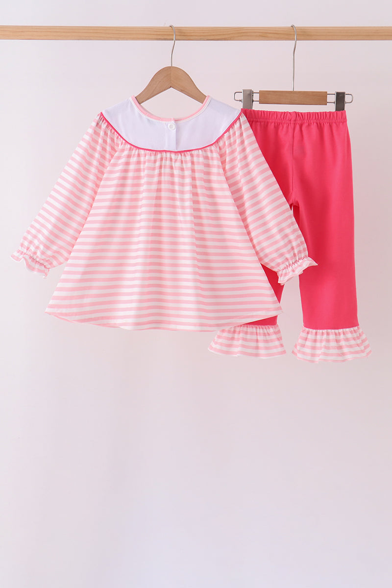 Pink Stripe Princess Embroidery Ruffle Pants Set - Aaria Tees Aaria Tees