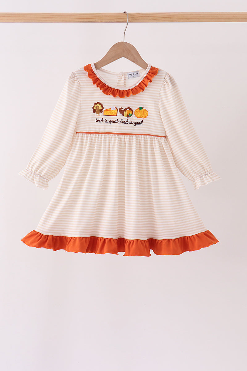 Cream turkey pumpkin embroidery ruffle dress - Aaria Tees Aaria Tees