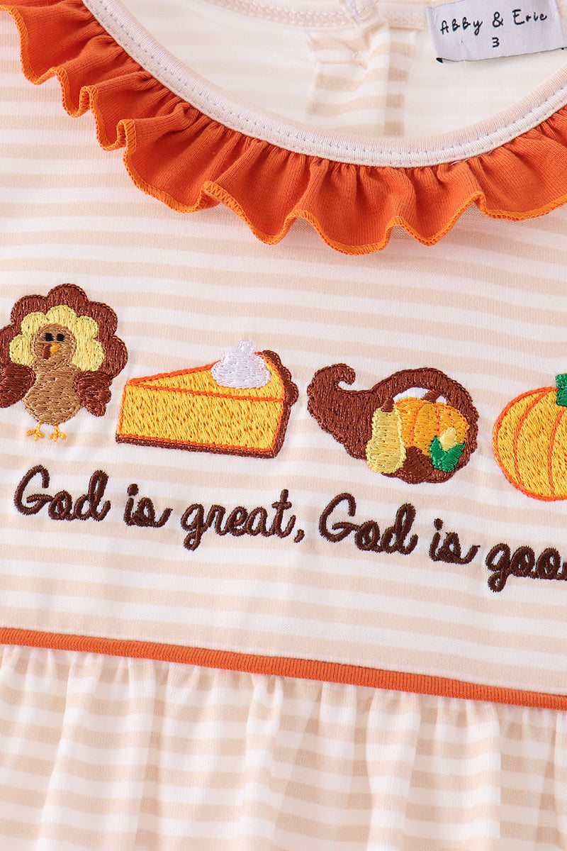 Cream turkey pumpkin embroidery ruffle dress - Aaria Tees Aaria Tees