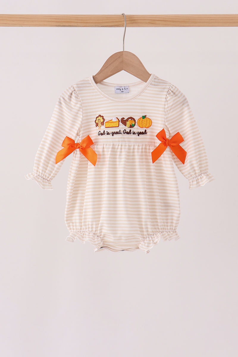 Cream turkey pumpkin embroidery bow bubble - Aaria Tees Aaria Tees