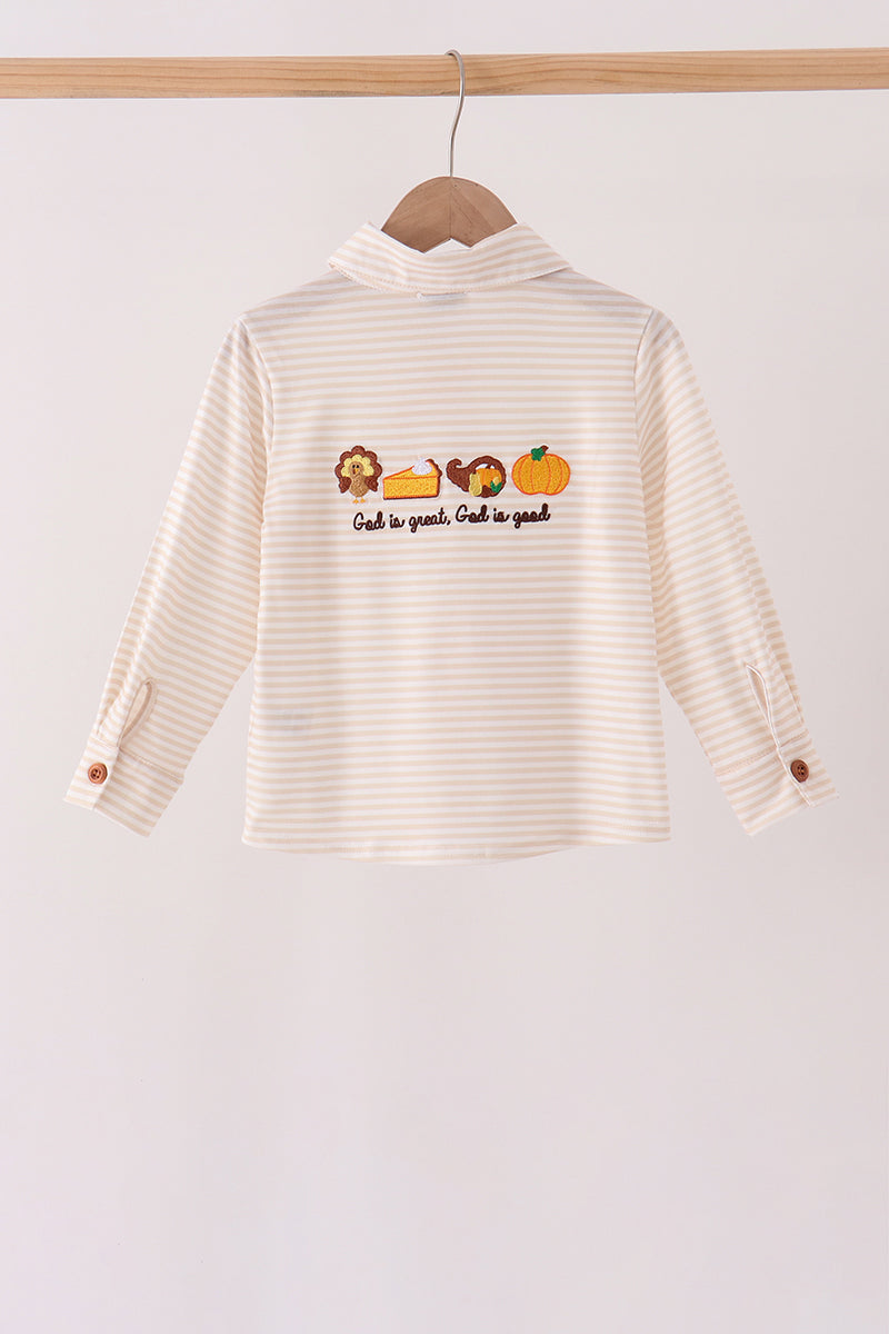 Cream turkey pumpkin embroidery button down shirt - Aaria Tees Aaria Tees