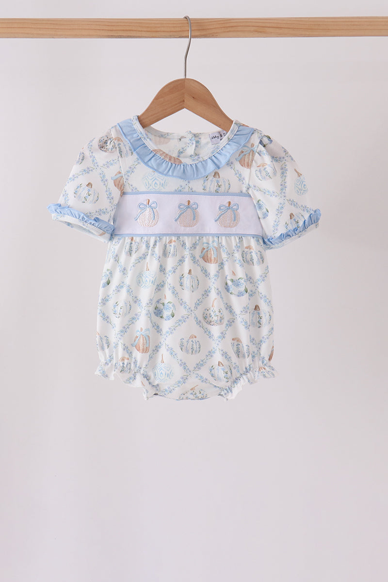 Blue pumpkin embroidery ruffle bubble - Aaria Tees Aaria Tees