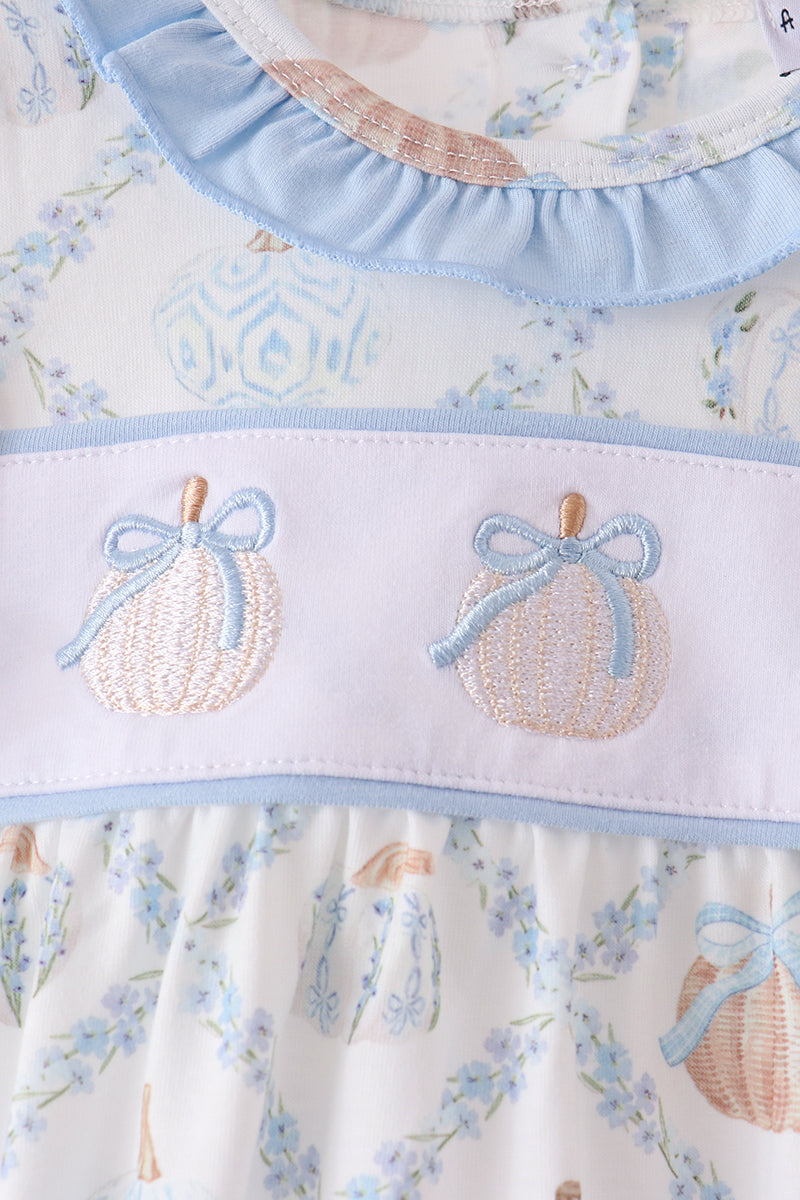 Blue pumpkin embroidery ruffle bubble - Aaria Tees Aaria Tees