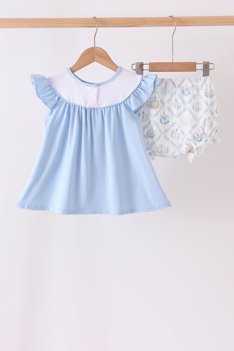 Blue pumpkin embroidery ruffle bloomer set - Aaria Tees Aaria Tees