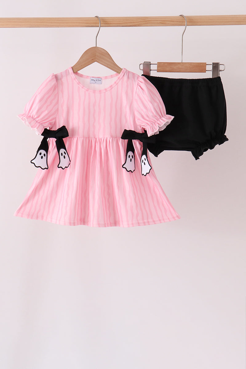 Pink ghost applique stripe bloomer set - Aaria Tees