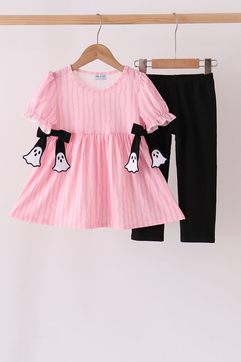 Pink ghost applique stripe pants set - Aaria Tees