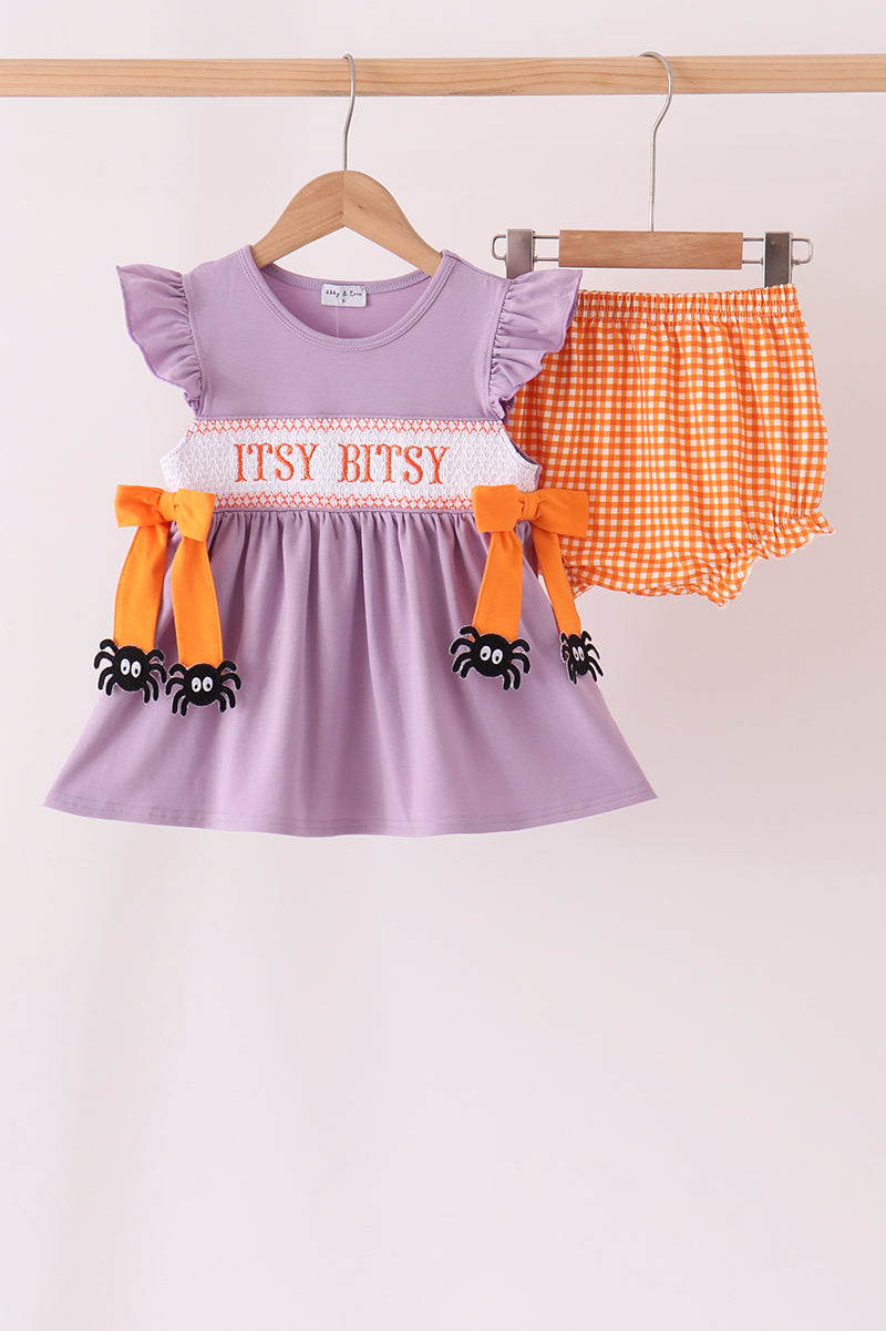 Purple spider smocked ruffle bloomer set - Aaria Tees