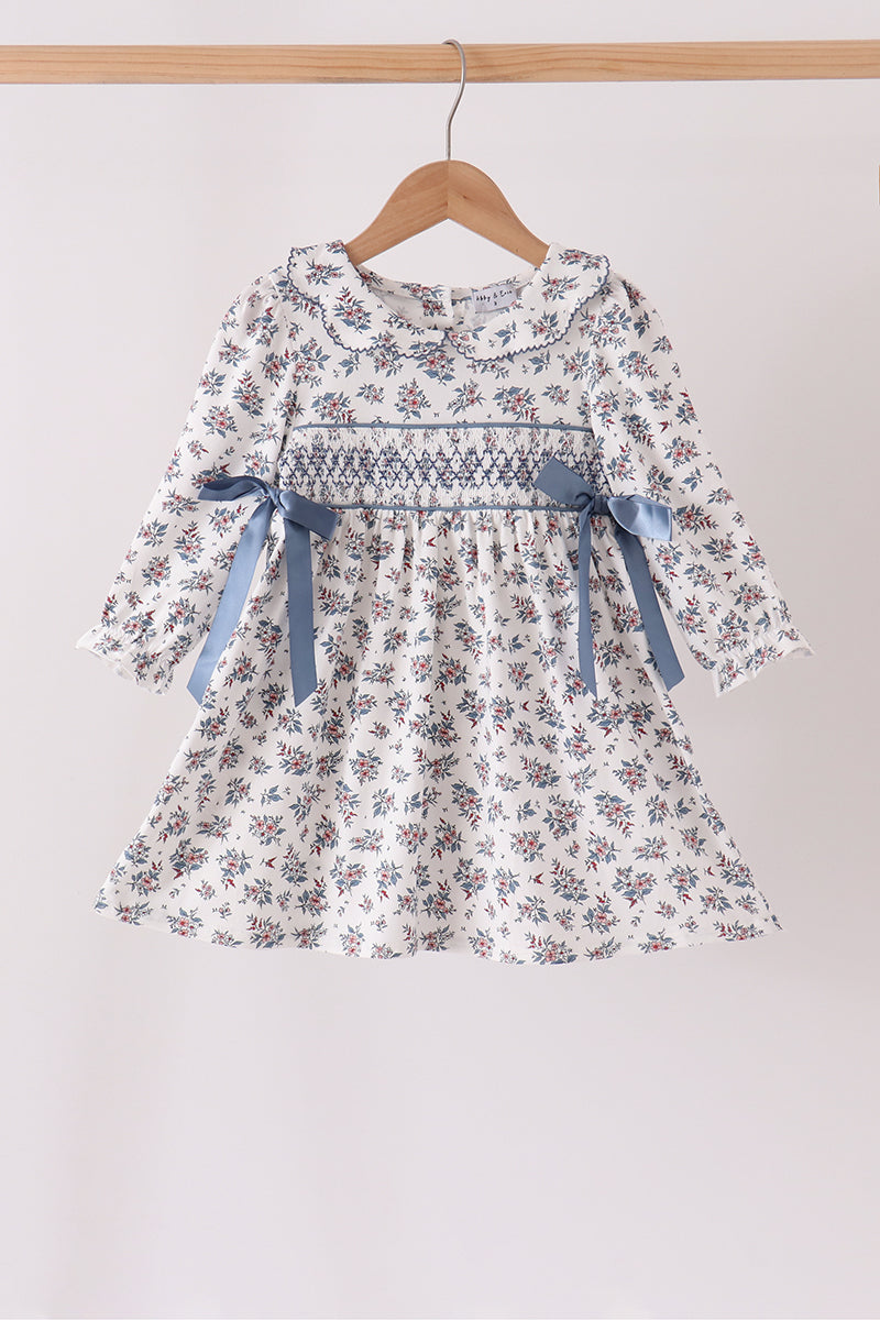 Teal floral smocked bow dress - Aaria Tees