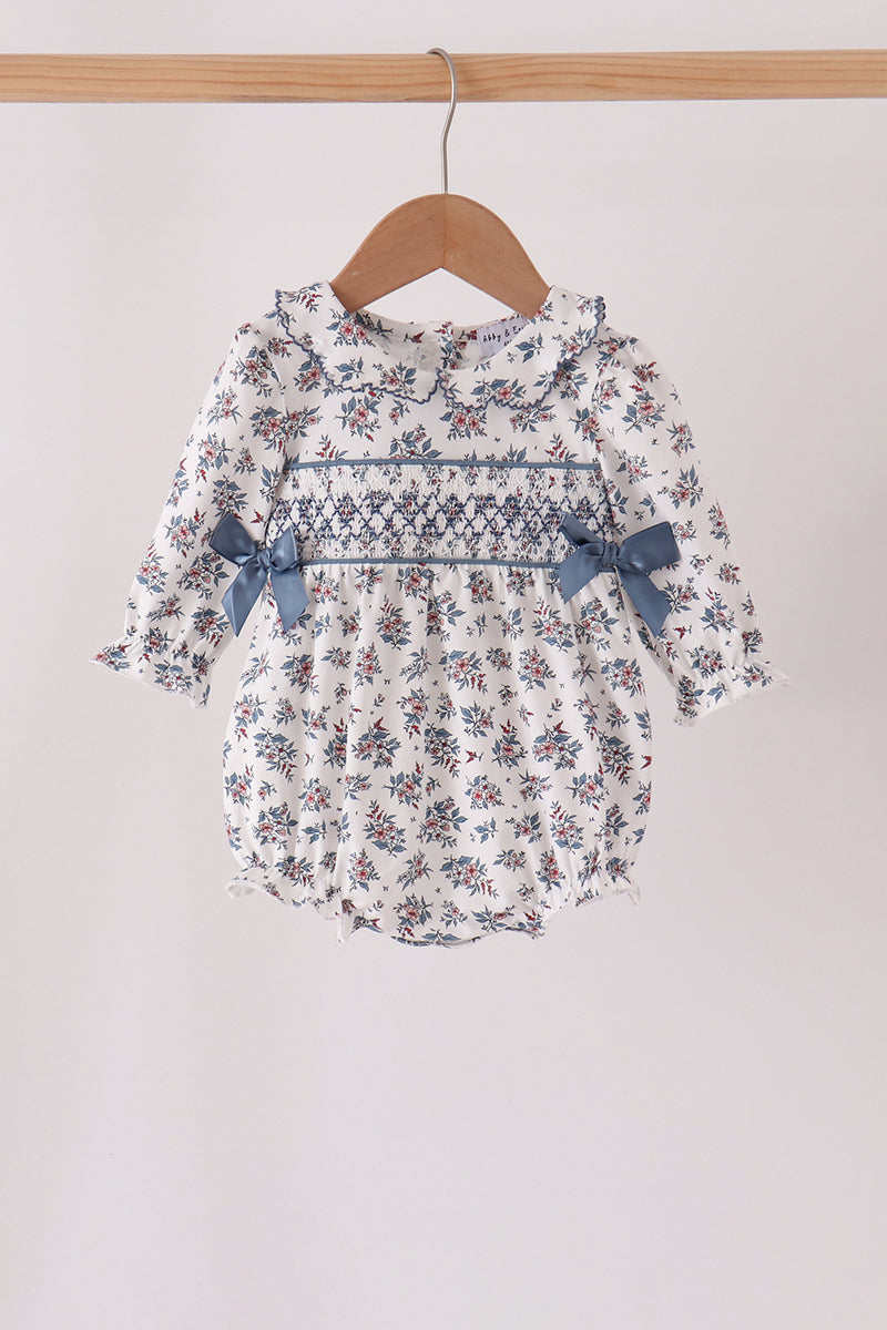 Teal floral smocked bow bubble - Aaria Tees Aaria Tees