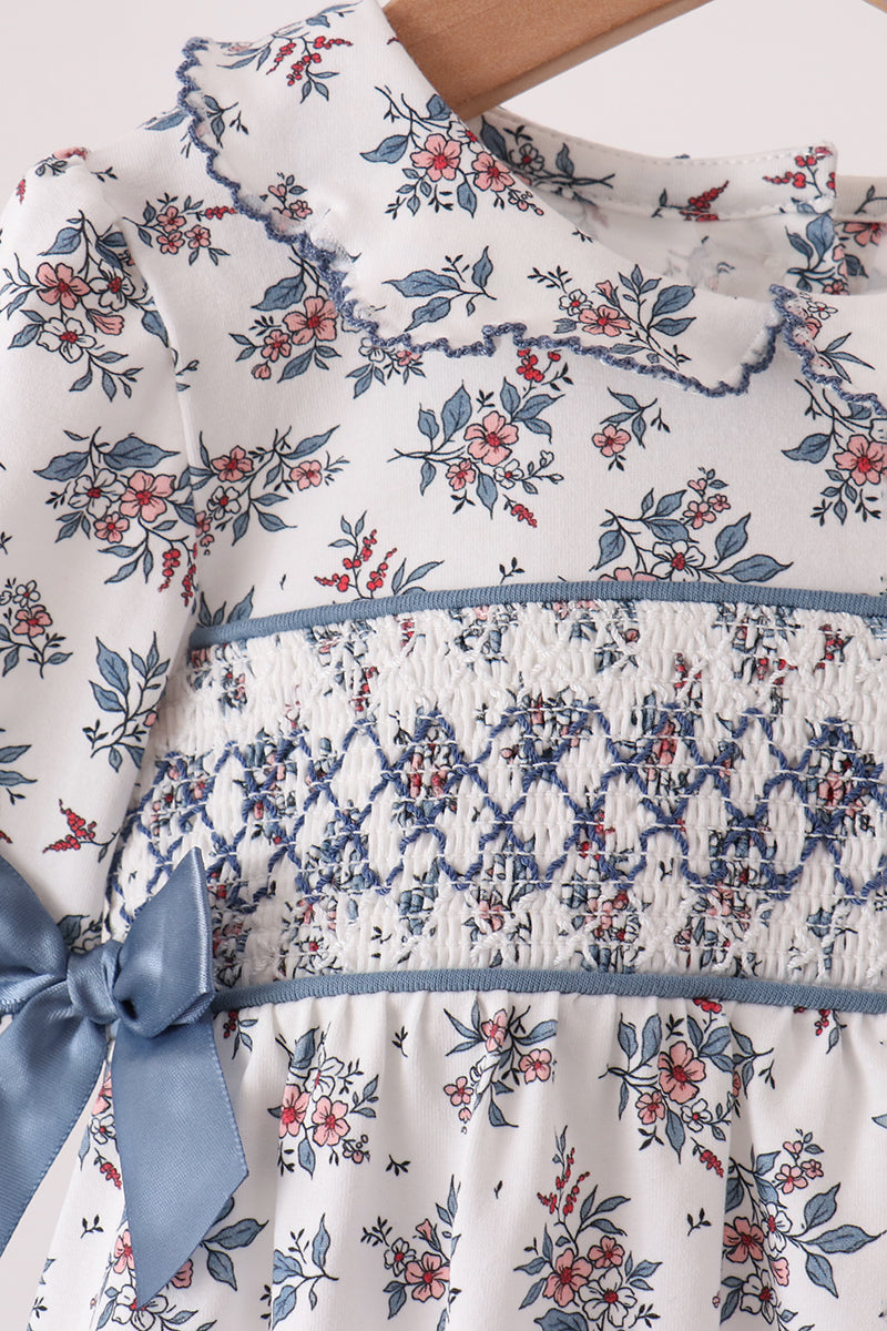 Teal floral smocked bow bubble - Aaria Tees Aaria Tees