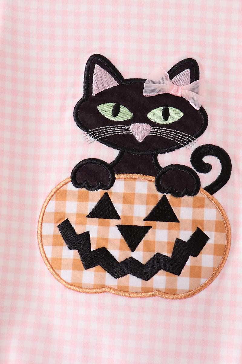 Pink cats Jack-O-Lantern applique bubble - Aaria Tees Aaria Tees
