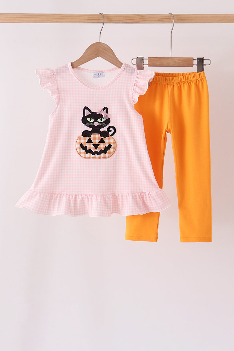 Pink cats Jack-O-Lantern applique ruffle pants set - Aaria Tees Aaria Tees