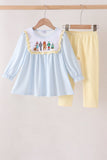 Blue character embroidery gingham ruffle pants set Aaria Tees