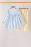 Blue character embroidery gingham ruffle pants set Aaria Tees