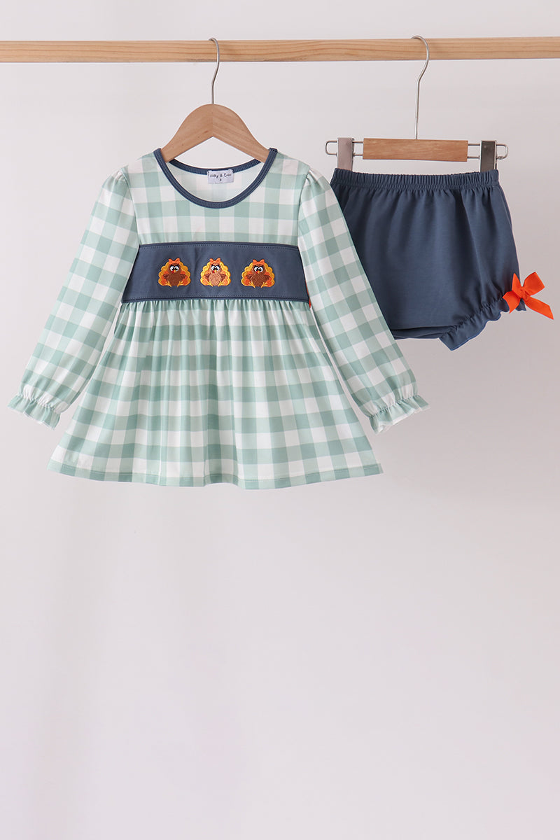 Sage Turkey Embroidery Gingham Ruffle Bloomer Set - Aaria Tees