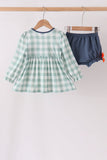 Sage Turkey Embroidery Gingham Ruffle Bloomer Set Aaria Tees