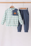 Sage Turkey Embroidery Gingham Jogger Set Aaria Tees