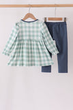 Sage Turkey Embroidery Gingham 2pc Pants Set Aaria Tees