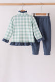 Sage Turkey Embroidery Gingham Ruffle Jogger Set Aaria Tees