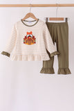 Olive turkey applique stripe ruffle pants set Aaria Tees