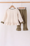Olive turkey applique stripe ruffle pants set Aaria Tees