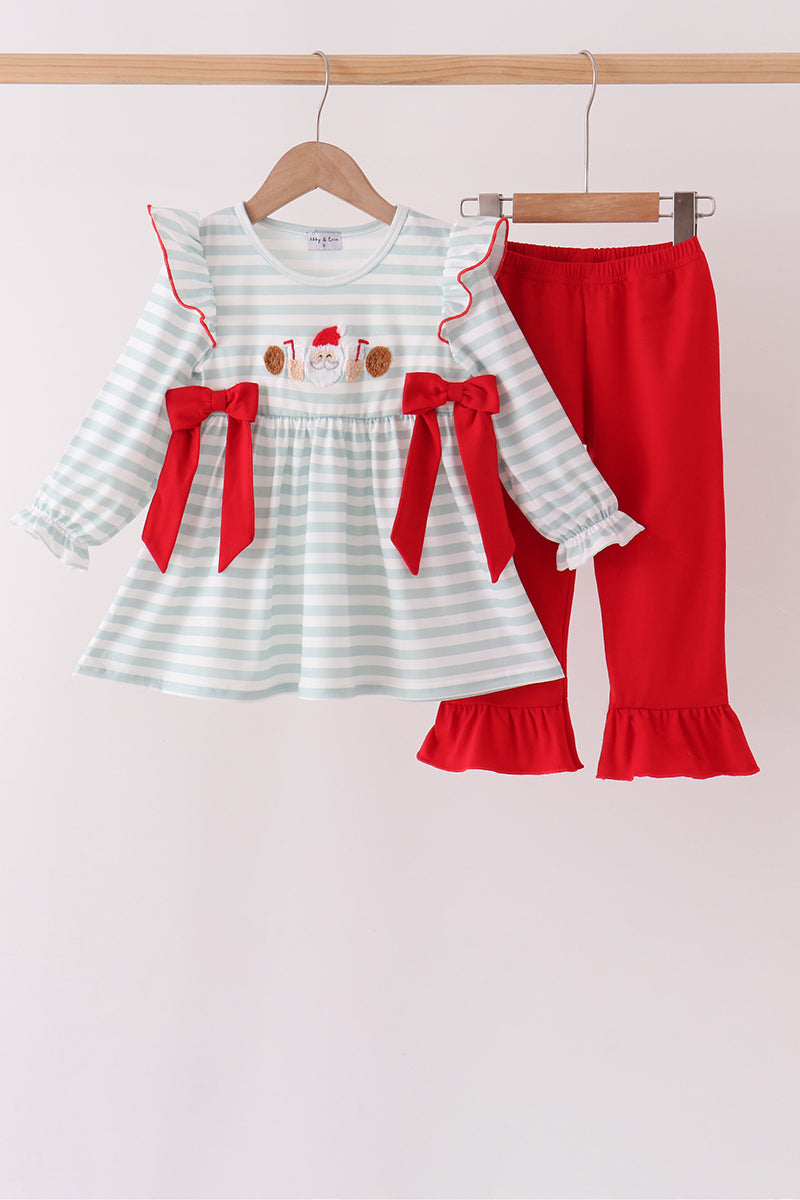 Gray stripe santa french knot ruffle pants set - Aaria Tees