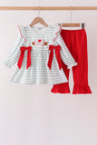 Gray stripe santa french knot ruffle pants set - Aaria Tees Aaria Tees