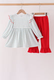Gray stripe santa french knot ruffle pants set - Aaria Tees Aaria Tees