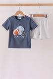 Navy football bow french knot shorts set Aaria Tees