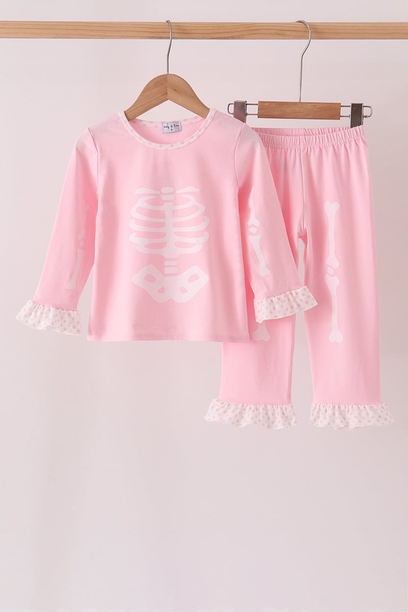 Pink skeleton print ruffle pants set - Aaria Tees