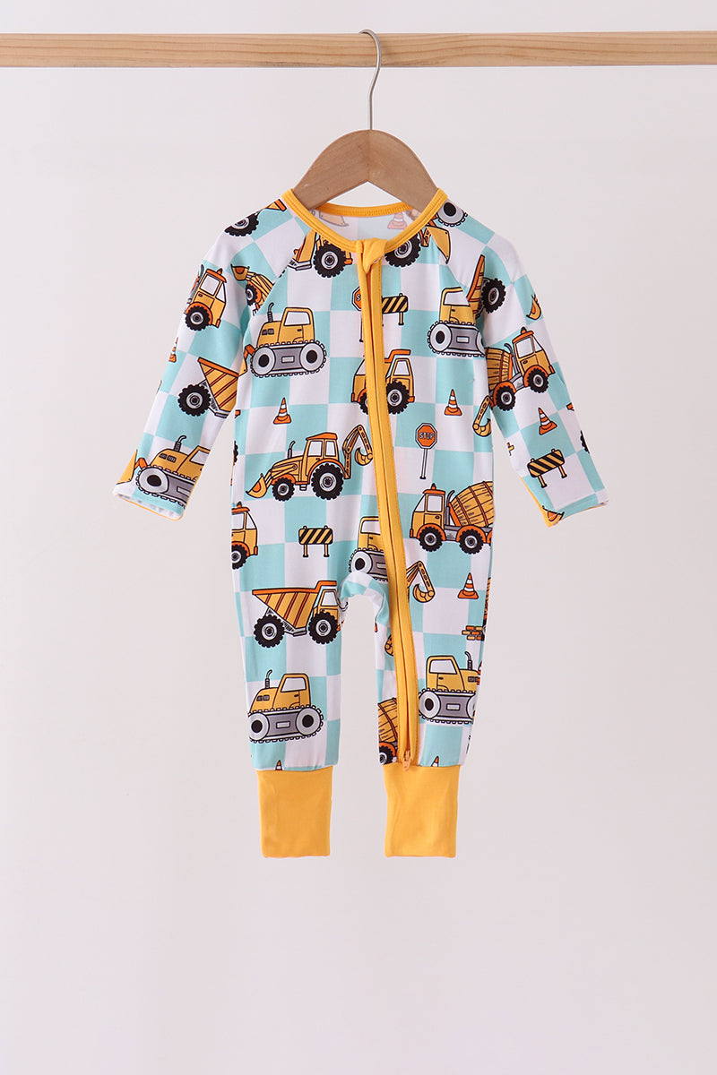 Yellow construction trucks bamboo romper - Aaria Tees