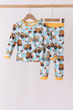Yellow construction trucks bamboo pajama set - Aaria Tees Aaria Tees