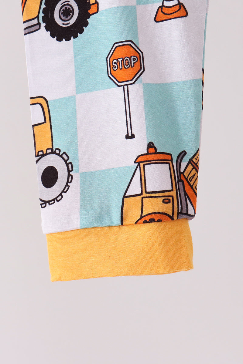 Yellow construction trucks bamboo pajama set - Aaria Tees Aaria Tees