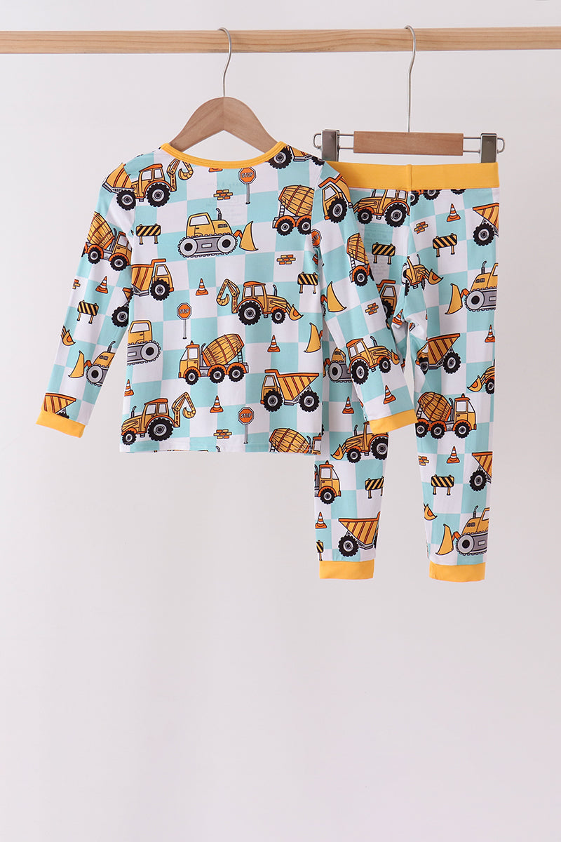 Yellow construction trucks bamboo pajama set - Aaria Tees Aaria Tees