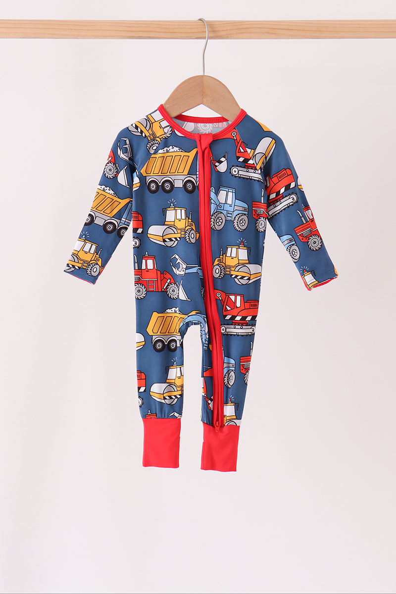 Navy tractor print bamboo romper - Aaria Tees