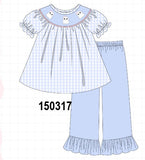 Blue ghost embroidery gingham ruffle pants set Aaria Tees