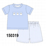 Blue ghost embroidery gingham shorts set Aaria Tees